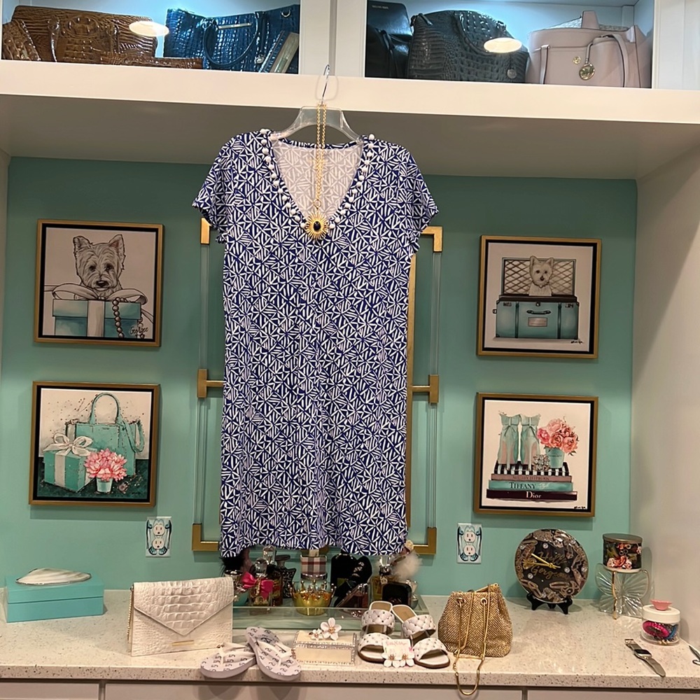Lilly Pulitzer Etta V-Neck Dress-Corsica Blue EasyPeasy, Medium, washable